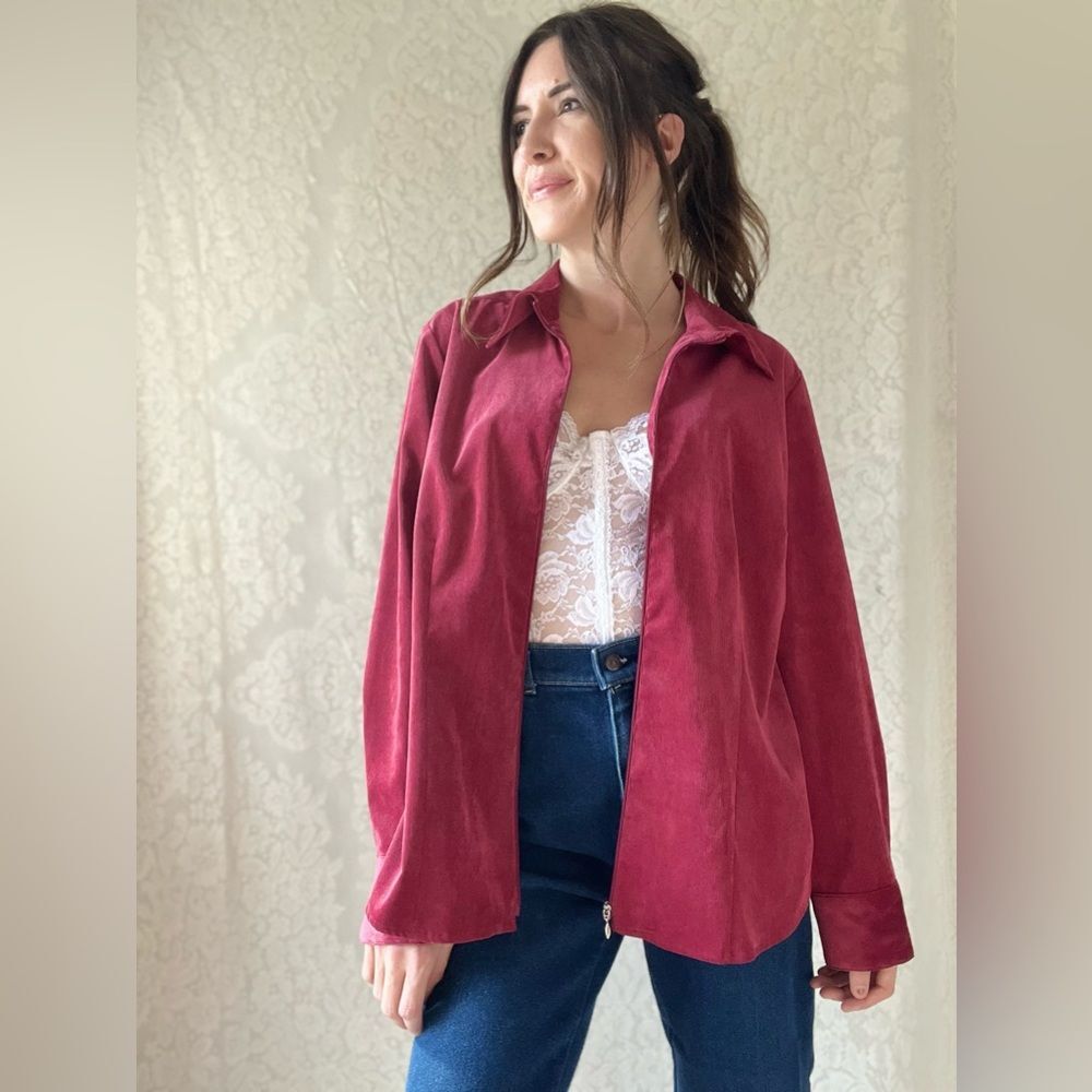 Croft & Barrow Raspberry Red Faux Suede Ribbed Zip-up Lightweight Jacket - Picture 7 of 13